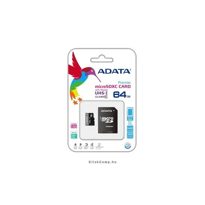 Memória-kártya 64GB MicroSDHC + Adapter UHS-I CLASS10 ADATA : AUSDX64GUICL10-RA1 fotó